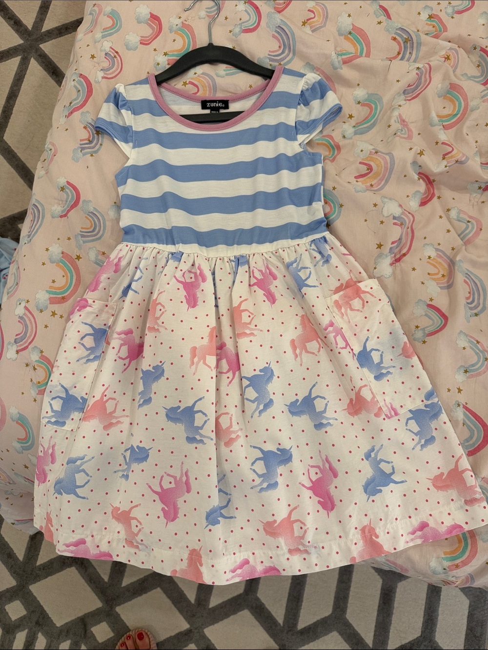 Zunie White Dress with Blue Stripe Bodice & Pink-Blue Unicorn Skirt